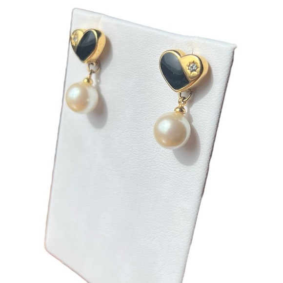 Enameled Black and gold Rhinestone Heart Pearl Drop Post Earrings - Picture 2 of 5